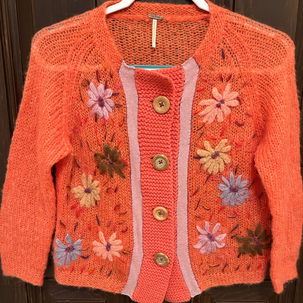 Free People Coral Flower Crochet Cardigan S